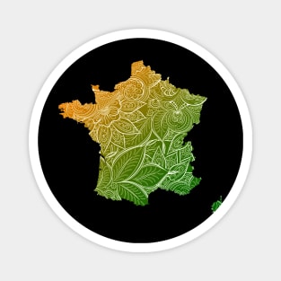 Colorful mandala art map of France with text in green and orange Magnet